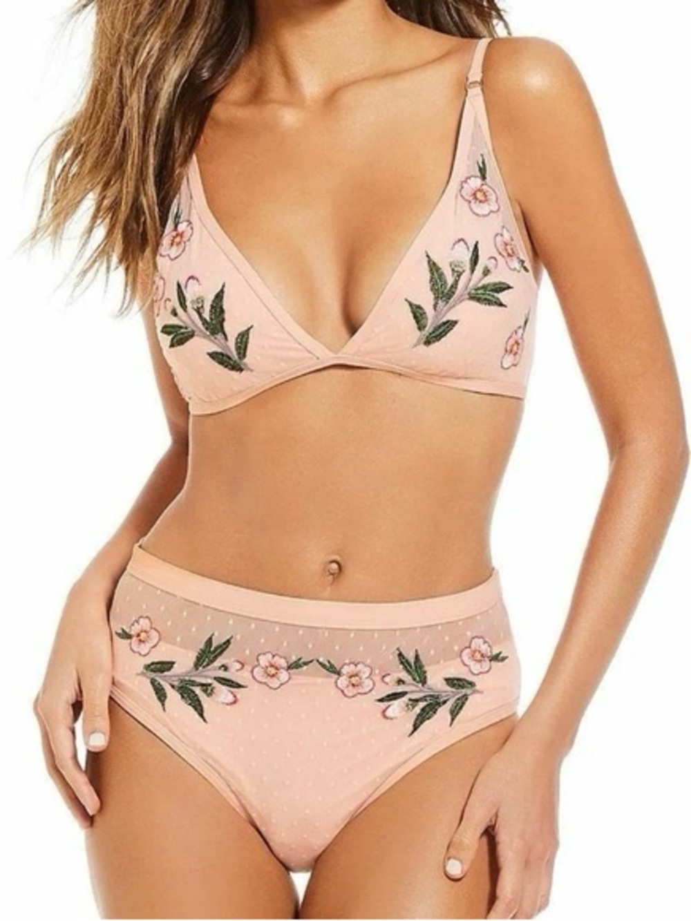 🍃🌸 Gianni Bini Peach Floral Embroidered Bikini Set Mesh Polkadot High Waist 🌸🍃